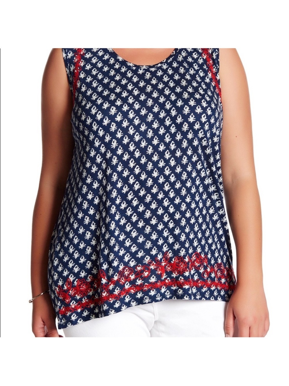 Lucky Brand Plus Navy Print Embroidered Tank 2X perfect for Fourth of July